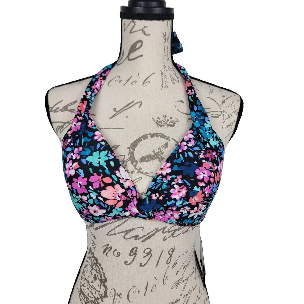 Island Escape Women's Size 8 Black with Floral Bikini Top Tie Closure NWT